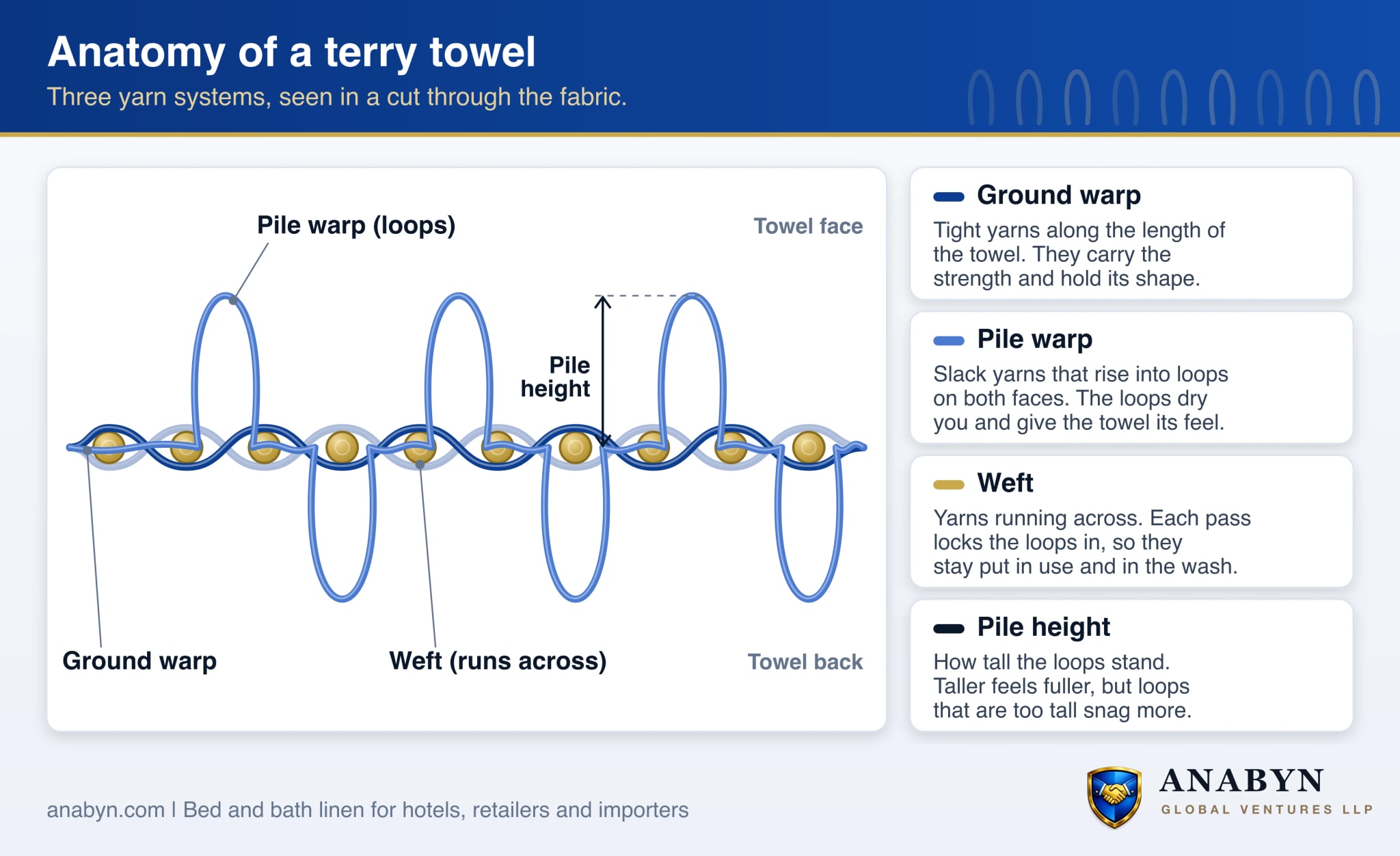 Cross-section of terry towel fabric: tight ground warp yarns and weft yarns form the base, slack pile warp yarns form loops on both faces, and pile height is how tall the loops stand